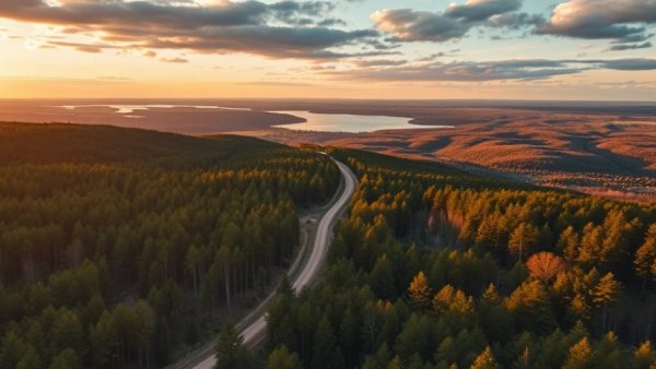 Serene aerial view of a forest with a winding road, golden sunset.