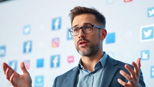 Professional speaker explaining organic marketing strategies with icons in background.