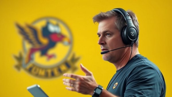 Green Bay Packers coach strategizing against yellow backdrop.