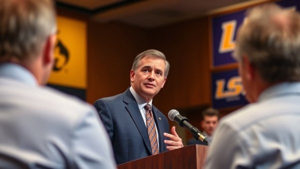 Speaker at LSU press conference for 2025 NFL Draft, photorealistic style.