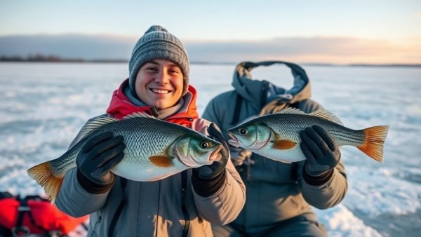 Ice fishing in Wisconsin: Man with walleyes in snowy landscape.