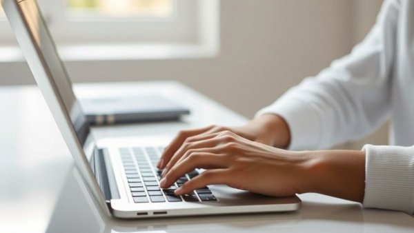 Hands typing on laptop with yellow mug for Buffer and LinkedIn impressions growth