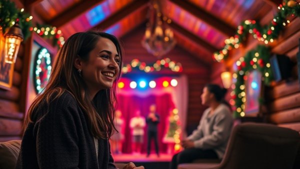 Wisconsin travel conversation in a cabin with a festive setting.