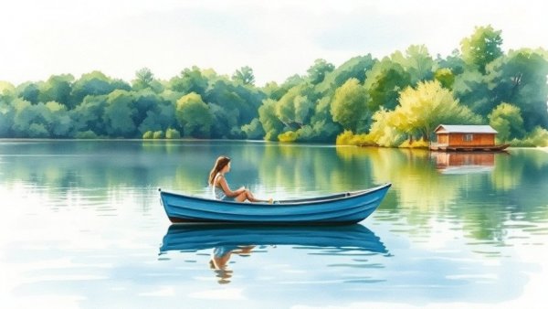 Serene watercolor lakeside scene with a boat on a book cover.