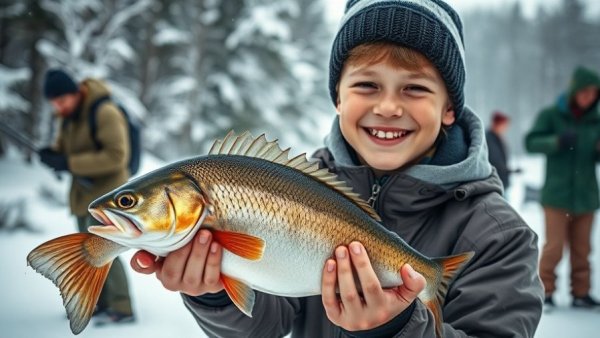 Joyful young angler with fish, Wisconsin winter activities.