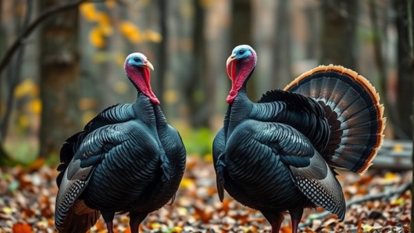 Two wild turkeys in Wisconsin forest, highlighting turkey management.