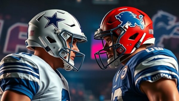 Thursday Night Football Cowboys vs Lions players face-off with intense expressions.