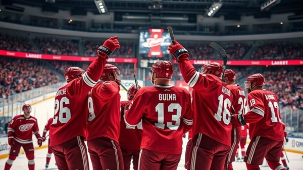 Wisconsin sports teams ice hockey players celebrating on rink.