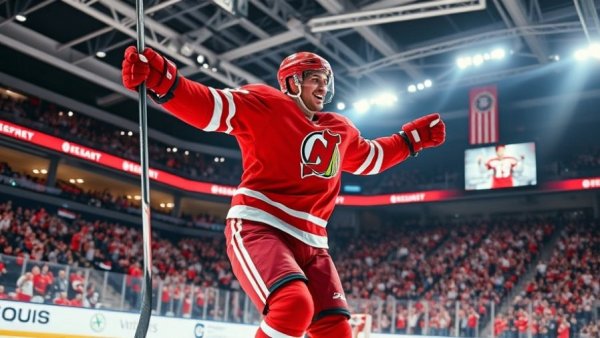 Wisconsin Badgers men's hockey player celebrating a goal.