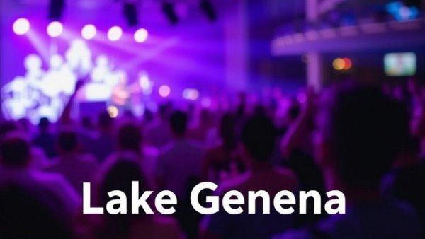 Live concert with vibrant lights and Lake Geneva text overlay.