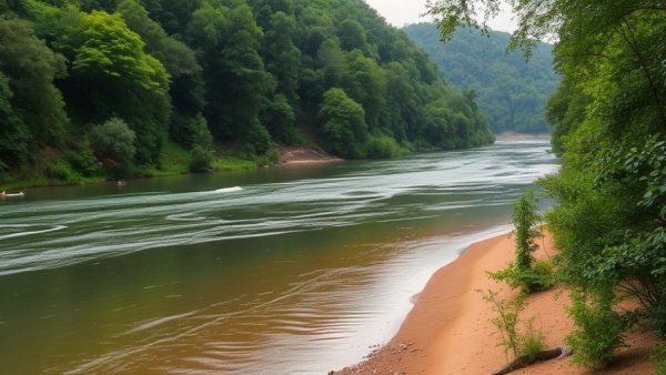 Tranquil river flow surrounded by lush Wisconsin forest, perfect for outdoor activities.
