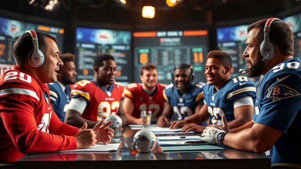 2025 NFL Draft discussion with football experts in a lively collage.