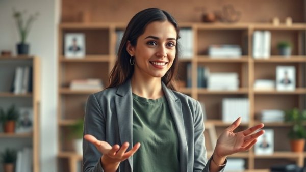 Woman discussing website traffic generation strategies in a modern office.