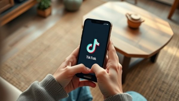 Close-up of hands using TikTok app in a cozy room, focusing on phone screen.