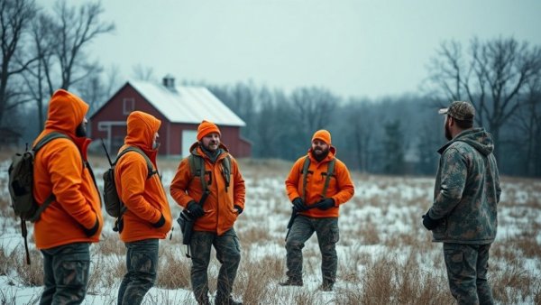 Hunters in orange gear during Wisconsin hunting seasons near red barn.