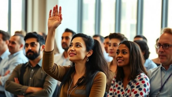 Diverse attendees at Social Media Marketing Conferences 2026, one raising a hand.
