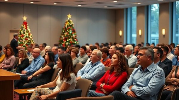 People attending a presentation in a conference room, indoor setting.