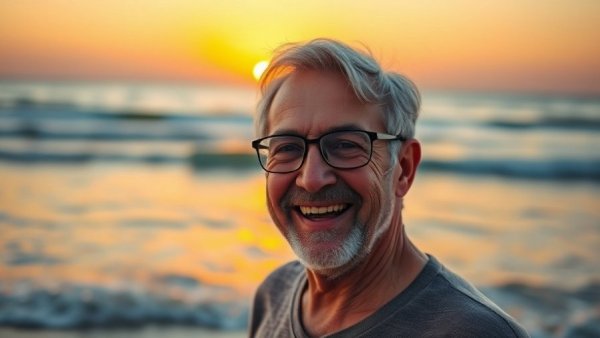 Elderly man smiling by the ocean, sunset background, Wisconsin conservation legacy.