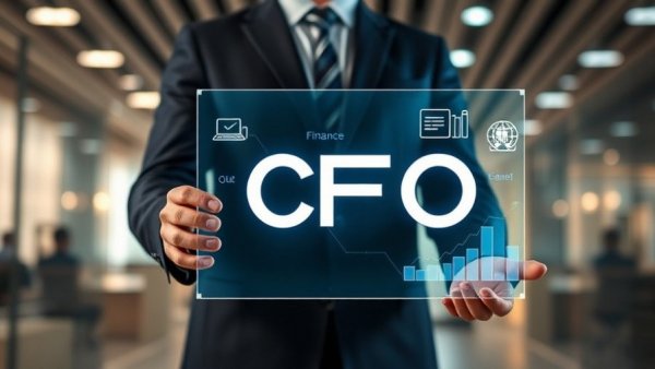 Futuristic CFO display in corporate setting with digital icons.
