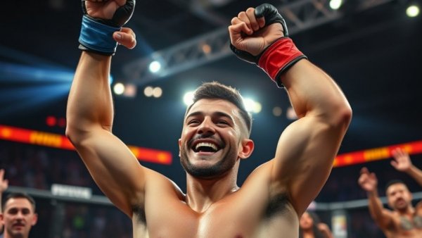 Victorious MMA fighter raising arm in octagon, 2025 NFL Draft connection.