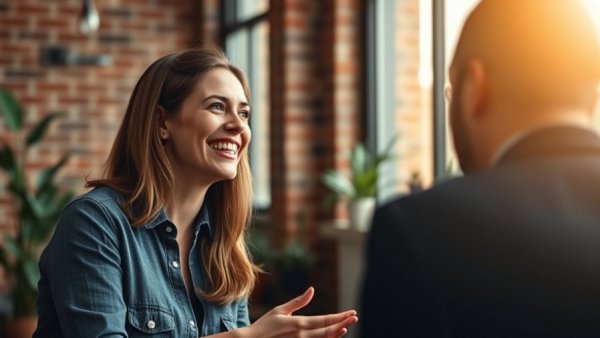 Cheerful woman in office discussing website traffic generation.