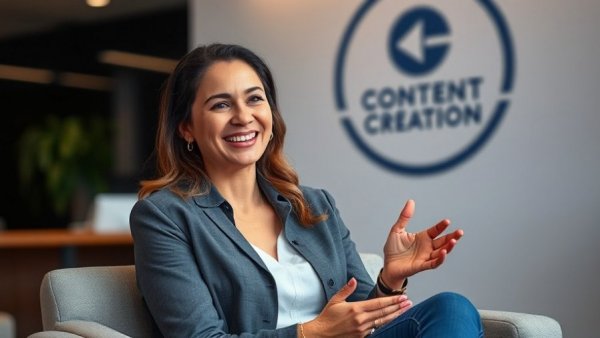 Smiling woman discusses high-volume content creation; professional setting.
