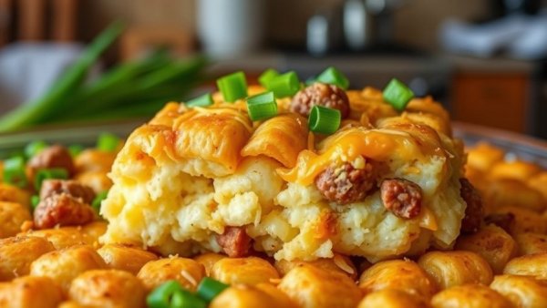 Tater Tot Casserole with Breakfast Sausage slice with cheese and green onions.