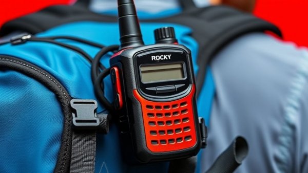 Rocky Talkie expedition radio clipped to backpack.