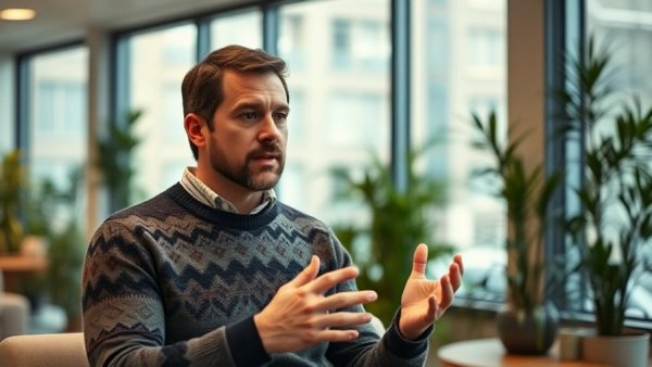 Casual man explaining Facebook Ads ROAS in a modern office.