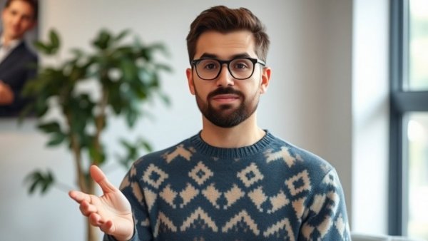 Confident man discussing 10X Facebook Ads ROAS strategies indoors.