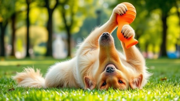 Golden retriever playing with durable high-quality toy on grass.
