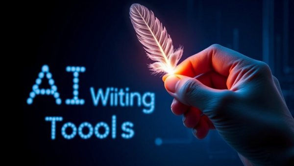 AI Writing Tools represented by a digital hand with a glowing pen.
