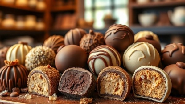 Artisanal truffles in a Wisconsin chocolate shop display.