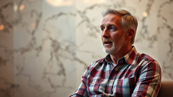 Mature man conversing in studio with marble backdrop, detailed.