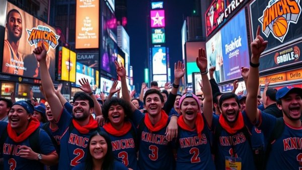 Knicks fans celebrating in a vibrant city street at night.