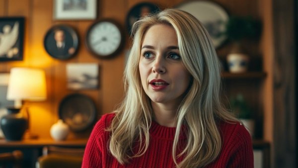 Blonde woman in red sweater speaking at cozy wooden backdrop.
