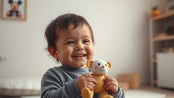 Young child indoors holding a toy, soft lighting