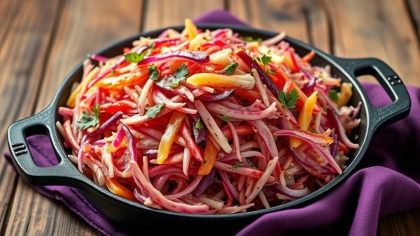 Colorful sauerkraut salad in a skillet on wooden surface.