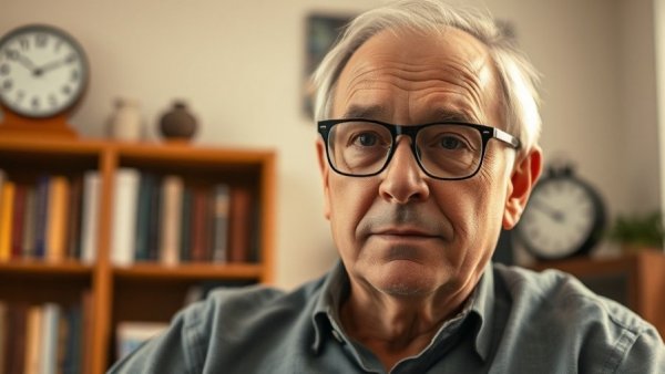 Man in home office setting with bookshelf and clock.