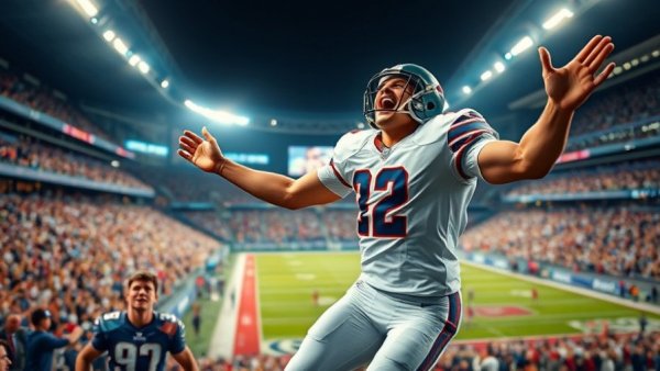 Wisconsin sports teams' player celebrating touchdown in stadium.