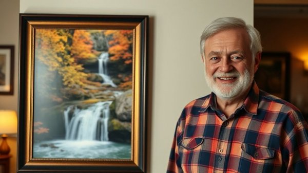 Wisconsin outdoor activities depicted in vibrant painting with elder man smiling.