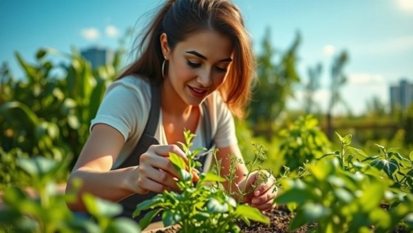 Wisconsin agritourism scene with gardening activity in lush setting.