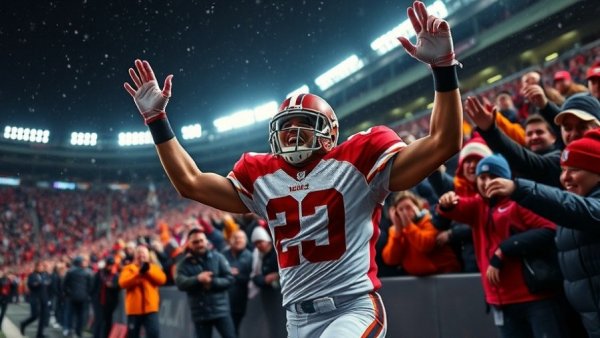 Football player celebrating in Wisconsin stadium, night game.