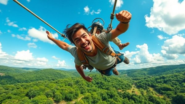 Thrill-seeker zip-lining above greenery at Lake Superior Adventure Parks.
