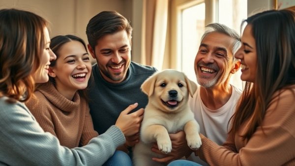 Family welcoming new puppy at home with smiles and excitement.