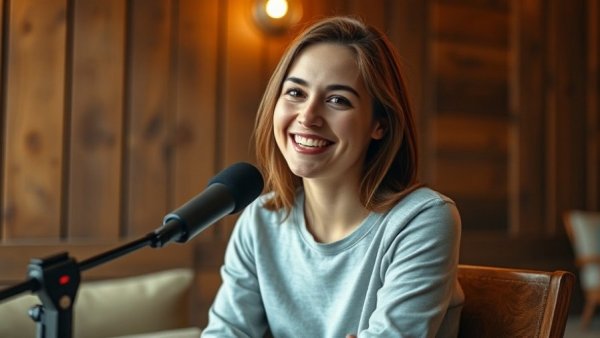 Casual interview setting with smiling woman and rustic background.