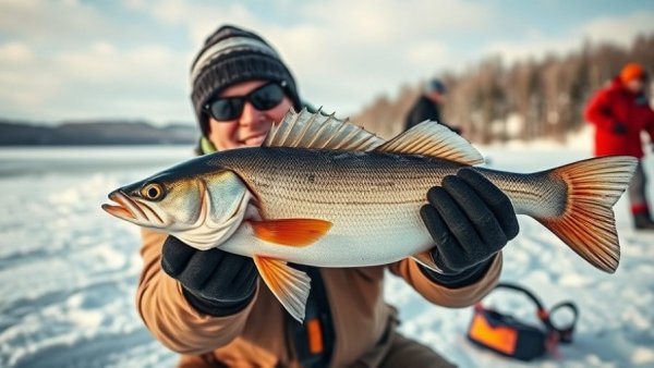 Successful ice fishing at Wisconsin fishing spots showing man holding walleye.