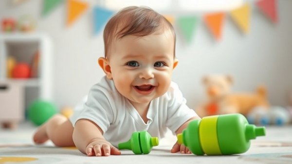 Happy baby crawling in playroom, healthiest baby formula theme.