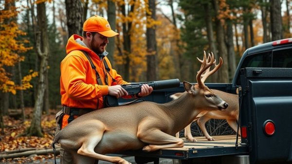 Hunter loading deer into trailer during Wisconsin hunting season, forest background.