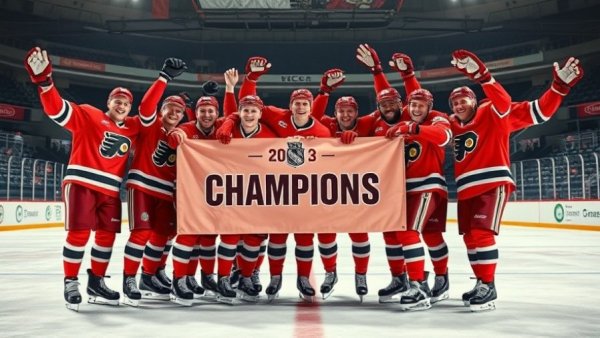 Kwik Trip Holiday Face-Off champions celebrating with banner on ice rink.